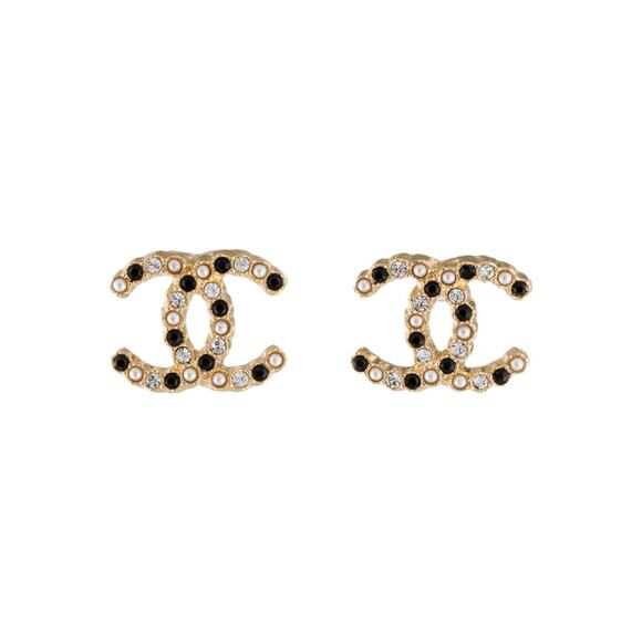 Chanel 2020 Faux Pearl Strass Interlocking CC Stud Earrings - Picture 1 of 11